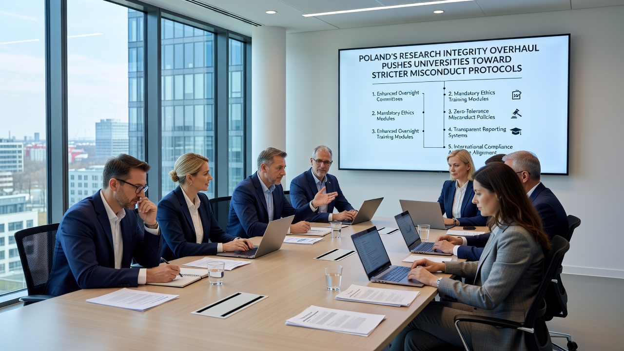 Group of academics reviewing research documents during a compliance workshop at a Polish university
